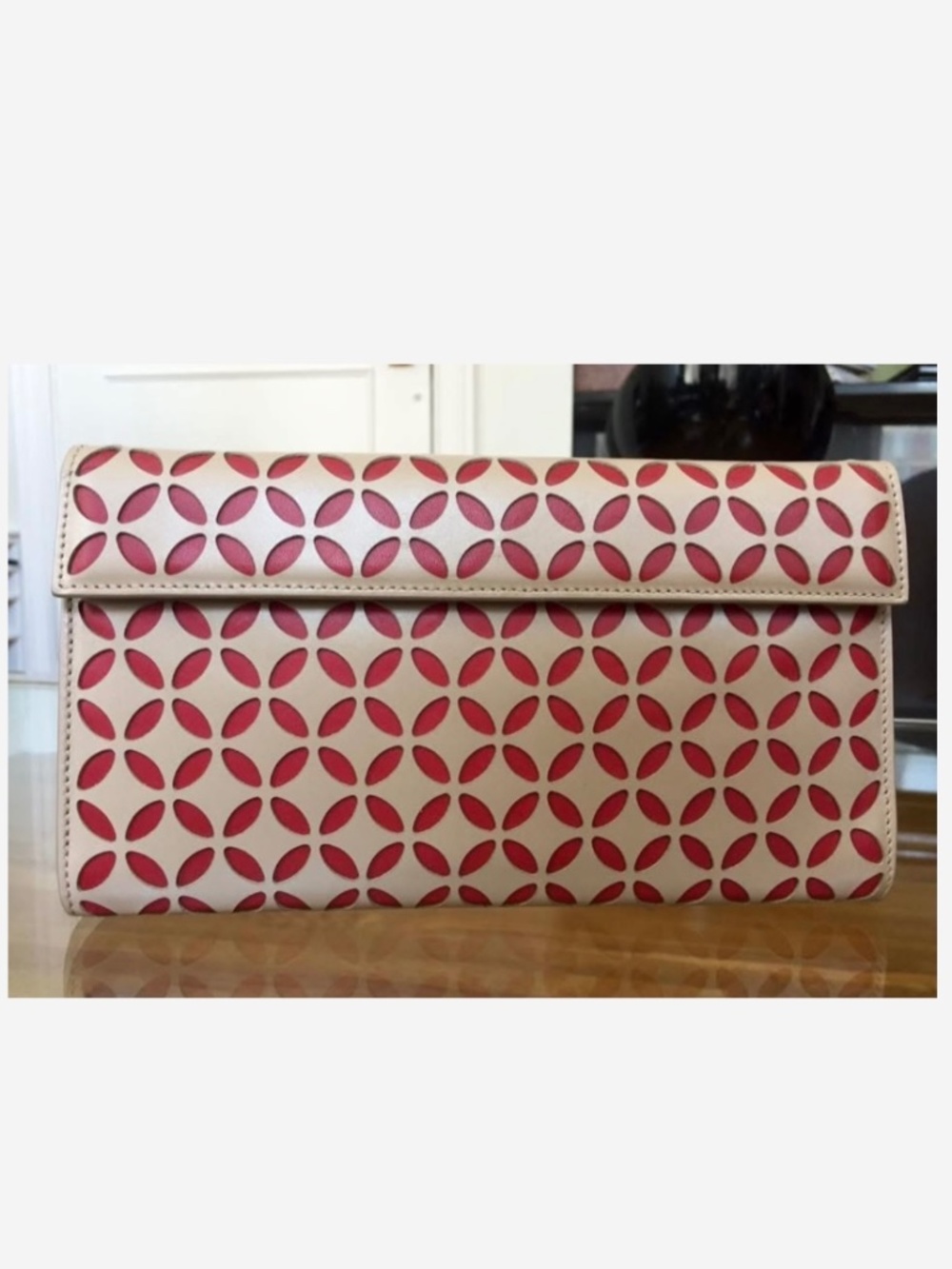 ALAIA Leather Laser Cut Clutch Bag Beige Red Floral New